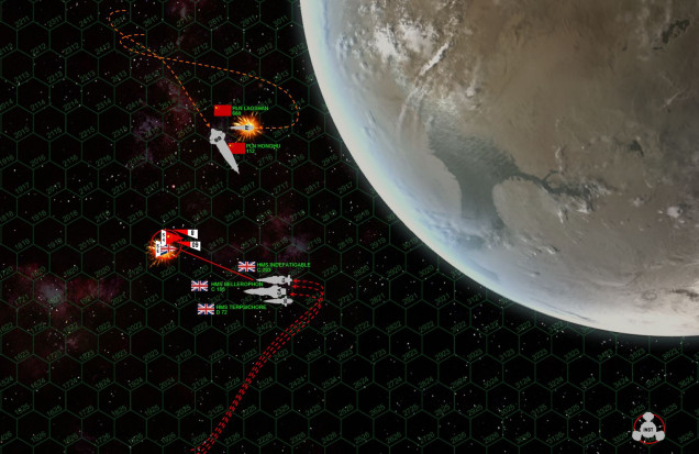 Getting close (in Darkstar terms, the average engagement range in this image is five hexes = 900 km) and here it gets nasty.  British scouts are mowed down by Panasian mass drivers as the scouts try to protect the Terpsichore against the Chinese torpedo spread.  Many Panasian torpedoes are shot down, and those that survive don’t do well against the British shields (recently upgraded aboard HMS Terpsichore).  But a few get through, completely smashing out Terpsichore’s starboard engine and reactor array.  She’ll be at -1/3 thrust for the rest of the game.  Explosive broadsides are traded, damaging the Red Tiger slightly but blowing the Laoshan clean out of the battle (crippled, will later be recovered).  Indomitable is also brutally mauled, especially along the starboard bow by the forward guns of the Red Tiger (gigantic 30 teravolt EPCs, the largest EPCs allowed in the game)