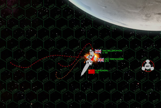 At last both British ships close for ANOTHER point-blank broadside against the Red Tiger’s fantail.  To make this maneuver with damaged thrusters,  Bellerophon must present her gutted and unshielded starboard bow.  ALL HANDS – EXCEPT GUNNERY CREWS – TO LIFEBOATS!  The Terpsichore does the same.  Both ships are gone, they know it … by now they’ve just taken too much damage.    But can they take the Red Tiger with them, and at least force a draw?  The odds say yes, by now the Red Tiger’s stern is torn asunder and she has major fires in engineering (11 critical boxes, easily enough to cripple a heavy cruiser, enough to explode a light cruiser, and a destroyer doesn’t even have 11 critical boxes in its frame).  But the luck of the dice just punishes the British again.  Not only is the Red Tiger’s stern shield still up (about the only external system the Red Tiger still has on this facing), but the Bellerophon scores a terrible roll to hit on her final broadside.  The Red Tiger survives, while her hail of Tsing Tao torpedoes blows BOTH Bellerophon’s main forward turrets out of the hull and also explodes the bridge (the captain will make his survival roll).  The gunnery of the Red Tiger than likewise crushes the Terpsichore, exploding forward magazines and putting her out of the fight as well.    