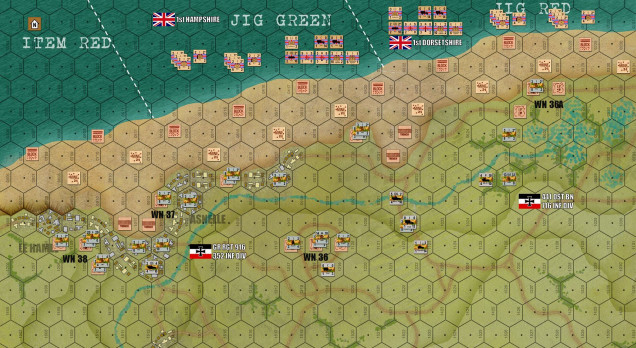 German beach defenses are now in place.  WNs = the historical locations and numbers of individual “wiederstandnester” strongpoints, fortification blockhouses represented by “Fortification” counters, flanked by two “IPs” (improved positions – slit trenches, MG nests, mortar pits, sandbags, barbed wire, etc).  I also have “Trenches” (antitank ditches) covering the beach egress draws.  Minefields are placed in the beach, as well as “Block” counters representing Czech hedgehogs and anti-boat pilings.  The British are coming in with A & B Coys, 1st Hampshires and 1st Dorsets, along with their battalion support companies and command groups.  Germans are set up with two very distinct troop quality levels, the hard-core 352nd Infantry to the west and the much softer 441 “Ost” Battalion of the 716th Static Division to the east.  