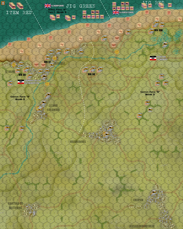 The finalized map.  Now includes unit deployment areas, force labels, and morale levels, and full  German deployment.  