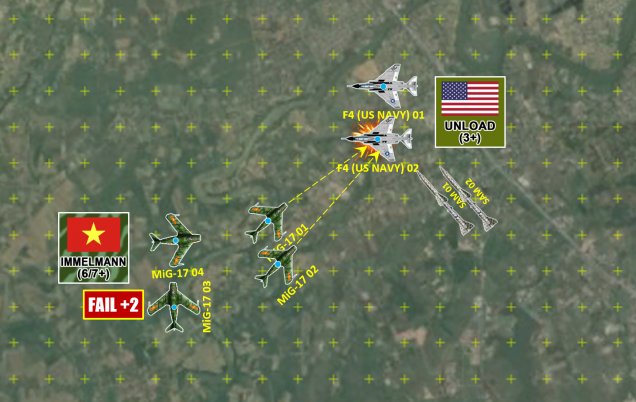 My missiles miss.  Elessar chooses the “Unload” maneuver, going into a powered dive and basically dumping altitude for what the Phantom does best, raw speed.  Two more SA-2s are off the rails (I have six in all), and these are approaching from the tail … easier to hit.  MiG “Pair One” cuts inside the Phantoms for a gunnery burst.  It’s not great, again note the high angle of deflection, and the range could be better … but I hold the hammer down and put a SUSTAINED BURST from all five guns on two planes (ten autocannon in all).  Yes, I get some hits, but Phantoms are big and Phantom 02 survives for now … damaged but still in the fight.  MiG Pair 02 could had sealed the deal but they lost initiative, and one of them fluffed their Immelmann roll to boot (almost stalled out … MiG-17s are only “medium” powered aircraft) .