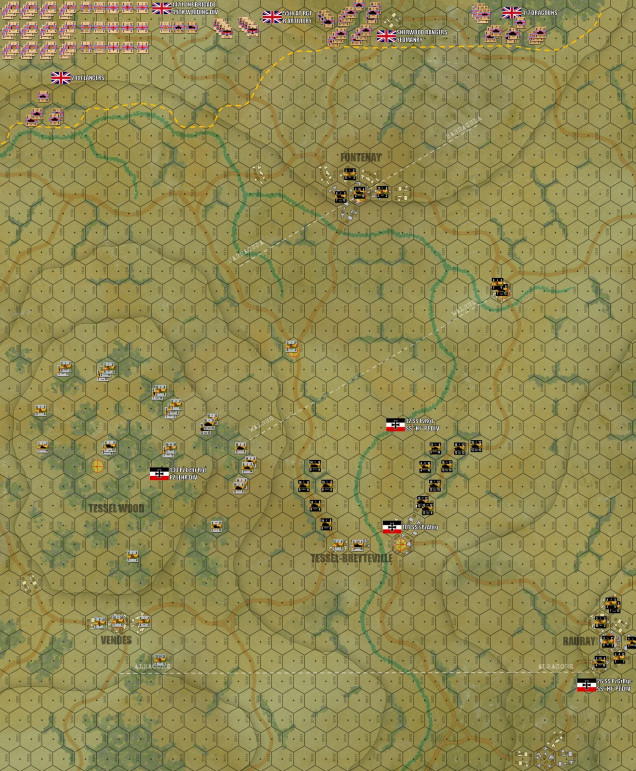 An overview of the map, initial German dispositions (Panzer Lehr’s right wing in grey, 12th SS HJ left wing in black).  Along the north yellow dotted line is the start line for the British.  The three historical phase lines are shown, along with the seven objective hexes in yellow targeting icons (some are obscure by German units).  Note that we are NOT doing this whole battle “full bore,” i.e., with the 147th Infantry Brigade / 49th West Riding Infantry Division (the formation 8th Armoured Brigade was supporting in this attack) or the main line of German resistance, drawn by 26th SS Panzergrenadier Rgt / 12th SS HJ Division.  After the detailed, high-density, infantry-heavy slaughter of Omaha, I was in the mood for a more manageable, armored maneuver game.