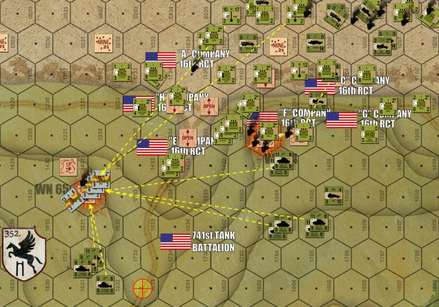 Turn 10 starts out with a frustrating American barrage positively POURING fire into WN 65 at the EASY ONE Draw.  At least the 7.5cm PaK 40s have been taken out, so the American tanks of 741st Tank battalion can come closer in relative safety.  Meanwhile, Fox Company / 2nd Bn / 16th RCT has taken WN 64, along with plenty of engineers support (bangalore torpedoes, flamethrowers, and satchel charges).