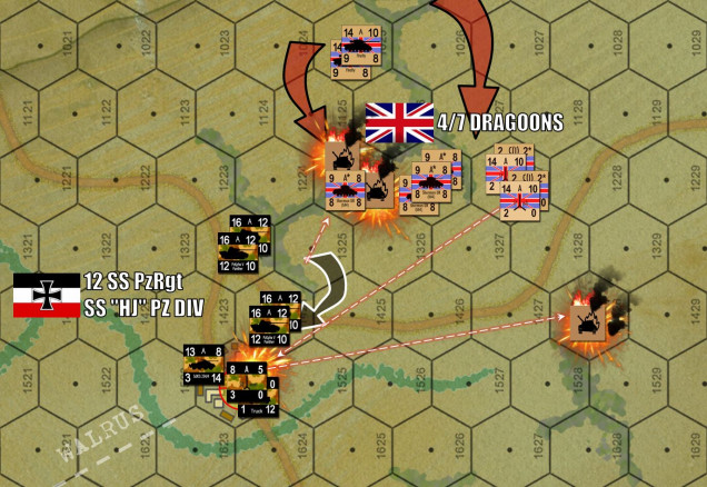 Off to the east, 4/7 Dragoons confronts 20 Panthers and some SS armored cars.  The problem facing Damon here is a daunting one.  Any German counter deployed in a hex containing a green “hedgerow” hexside is considered concealed per Panzer Leader rules, until it fires or an enemy unit moves adjacent.  So the Germans are almost certainly going to get the first shot.  Not only that, but by using split move and fire rule, they can then displace and “hide again.”  Normally this isn’t that big a deal, as you can shoot the Germans as they move, but these Panthers are just fast enough, and these hedgerows are just close enough, where that window will NOT be wide enough for Damon to return fire in most cases.  So yes, you force the Germans back ... but you never kill them and you are literally building a road of burning Shermans.  Welcome to the hedgerows.  Much like the Allied commanders of the day, Damon must find a way to break this dilemma.  Meanwhile, my ATGs in the French farm open fire on transport units trying to tow 17-pounders into position.  I hit one while it’s still limbered.  It gives my position, but it was worth it for a kill on a battery of 17-pounders.  You can see what Damon was trying to do ... set up more angles on my Panthers so at least when he flushes them (usually at the cost of more burning Shermans), at least SOMEONE gets a shot at them.  Now in reality, this “flushing” would be often attempted by L5 spotter aircraft or infantry.  But this was a game we were trying to wrap up in less than the 9.5 hours we spent on Gold Beach before.   