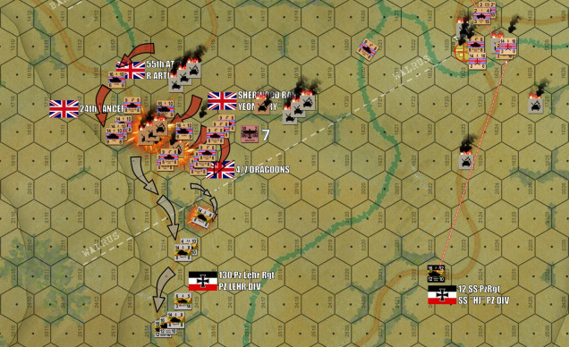 BOOM! Damon makes the fateful shove.  My cagey Panzer Lehr crews positively MAUL his attack, some Pumas even getting some shots in.  We kill three troops of Fireflies (ouch) and one of Shermans, Immediately falling back down the road toward Tessel-Bretteville and Vendes.  We almost all escape, too, British counterfire manages to pin one platoon of PzIVs ... which would probably be surrounded and destroyed on Turn 11.