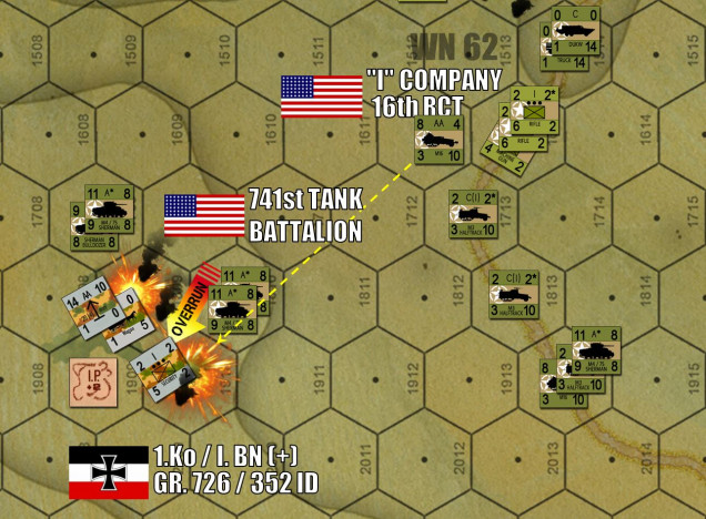 On the east flank, things are going better for the Americans.  EASY THREE was the first draw to be opened, and Shermans are now two kilometres inland and beginning to take out German support positions.  Two of these counters (each is a platoon of five, so ten tanks in all) rolled up on this German FlaK battery, withstood German fire, and then blasted it to smithereens.  The platoon of garrison troops with the FlaK tried to run, but were pinned down by the quad .50 caliber fire coming off that M16 halftrack to the northeast during opportunity fire.  These pinned troops were then overrun by two other Sherman platoons.  Bute the “DUKW” amphibious trucks, American vehicles landed in the later stages of D-Day.