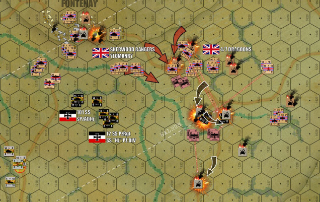 At last, German resistance ends in Fontenay.  One MORE turn to redeploy, and finally Damon launches a bloody, point-blank assault on SSPzRgt 12 on the east.  My fifteen Panthers fire, actually don‘t do that well, (only two Sherman platoons eliminated and a third “dispersed”).  Then it comes time to run.  The problem is, Damon how has close to seventy tanks within a kilometer or so, there are a lot less hiding places for me to bolt to after my “bushwack” fire.  One Panther platoon is takes cover in the farm.  I can’t put more in there because there’s already burning armored cars in there (wreck counters take up “space” in a hex, they count as a unit for stacking purposes), and my ATG battery is still in there.  Just to get the ONE Panther platoon in there I have to sacrifice my trucks (transport for the ATGs).  Another Panther platoon tries to run for down the road, but the Typhoons re-enact a classic Normandy moment, throwing rockets into German armor caught on a road in daylight.  Another platoon dies in the stream, where it tried to take hull-down positions.  Only the platoon in the farm survives, and even they are pinned.  They’ll eventually escape, put I’ve still lost two Panther platoons for four troops of Shermans ... not a good trade for the Germans at all.      