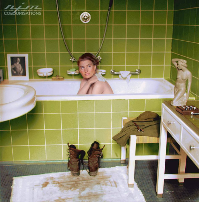 This one is very cool. The woman is the only female Combat Photographer in Europe,Lee Miller, the man in the picture frame is Adolf Hitler and the apartment that they are in taking a bath with their muddy boots on the floor is Adolf Hitler's personal apartment in Munich. The picture is very powerful because Lee Miller had just returned from Dachau and the mud she is washing off is the mud from Dachau. Almost all the famous Dachau pictures were taken by Lee Miller on April 30th when she visited the Camp, the day Adolf Hitler Committed suicide.