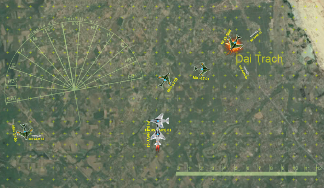 Again my SAMs miss, and will spend the next 6-7 phases trying to get a lock for my last two missile launches.  Man, I need some new SAM operators.  Meanwhile, Phantom 02 has previously launched a Sidewinder from behind MiG 04, while Phantom 01 has launched a Sparrow from the front.  I have selected a “BREAK” maneuver to avoid these warheads, and made the roll, giving me a nice bonus to evade incoming fire.  I dodge the Sparrow but not the sidewinder, which rolls “6” on the d10 damage, blowing the MiG-17 out  of the sky.  SPLASH THAT SUCKER, YEAH!  Another missile is then launched at MiG 03.  Meanwhile, I seem to have forgotten how to roll well at initiative, or maneuver checks for that matter.  COME ON, GUYS!  UNCLE HO IS COUNTING ON YOU!    