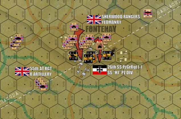 The battle in the town heats up.  With the Germans dug in “heavy” urban hexes (gray buildings = stone, brick, concrete, etc.), they’re proving tough to dig out.  One troop of Shermans is already afire.