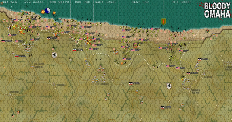The overall situation at the end of Turn 10.  The white line shows the extent of American penetration so far.  As you can see, the game is pretty serious in its historical detail, but player agency and the luck of the dice ARE throwing a few curve balls in here, this beachhead is NOT shaped exactly like the historical result.  While success was much heavier in the east than the west, the thick bulge in the extreme west north of Vierville should not be there.  Instead, better penetration was effected just to the east of that, near Hamel-au-Pretre.  Pretty much reverse the results of Dog Green and Dog White and you have a pretty close to historical result.  SO FAR, American casualties are actually a little worse than they were historically, we’re running about 120 units “eliminated” in game terms, delivering an approximate 4200 casualties, with about 1,050 of those killed.  Then again, we’re making progress faster than American made historically, especially in the bloody west.  The Germans, meanwhile, have lost about 40 units.  While their number of killed will thus be naturally lower, ALL survivors (wounded or not) in eliminated platoons are considered POWs.  In total German losses are looking like about 2,000, with 320 of these killed and the rest wounded, taken prisoner, or both.      