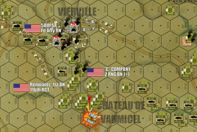 In the west, the Americans follow up the win at Vierville with an infantry powerhouse attack on the next objective, Chateau de Vaumicel.  Other ranger units are already splitting off to secure exit hexes off the west end of the board.  Historically this was the start of an effort to reach fellow Rangers at Pointe du Hoc.  