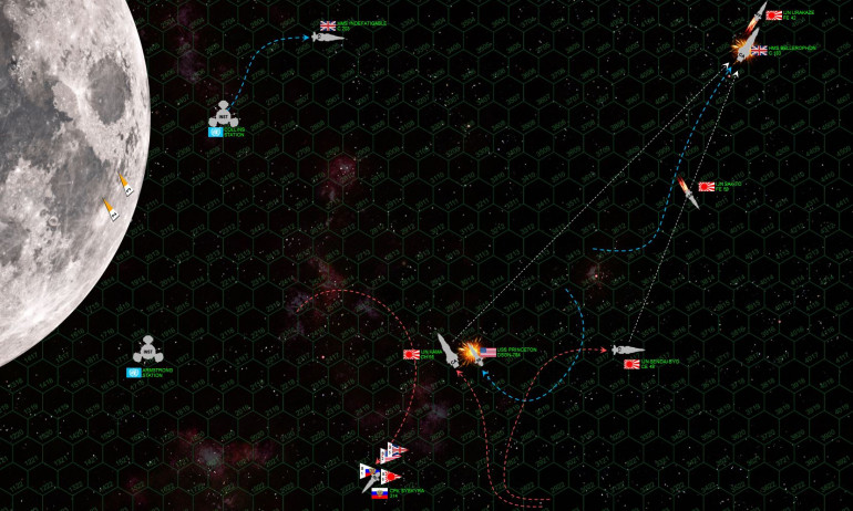 Exchanging broadsides with a Japanese Katana-class heavy cruiser is never a good idea, as the Bellopheron has learned to her cost.  With her starboard quarter ripped open, she’s trying to maneuver clear, but with no starboard quarter shields and maneuvering thruster damage, she has a hard time making the required turns at her present velocity.  Indefatigable has been drilled straight through the core, and with significant crew losses has been forces to break off the action.  The Princeton tries to cover the British withdrawal, and parks right alongside the Kama.  I’m gambling that Rasmus will want to put most of his big guns against the British as poor little Princeton is hardly a threat, but JUST MAYBE a point-blank broadside will cause some core damage or knock out and engine.  Well, I wasn’t wrong ... Rasmus saves all his big guns for the British.  Only two 12-megakelvin lasers (the temperatures at which the lasers burn) hit the Princeton, BUT RIGHT ON THE BRIDGE.  I swear I think this is one of the most surgical ship-kills I’ve seen in Darkstar.  Full long-range broadsides unload on the Belleropheron, which is crippled.  The Russian destroyer Syrkeyra has been forced to break off the action while the frigates Urakaze and Sakito have also been crippled.  But two Japanese cruisers remain, and only lightly damaged ... so clearly this game is going to the Japanese.   