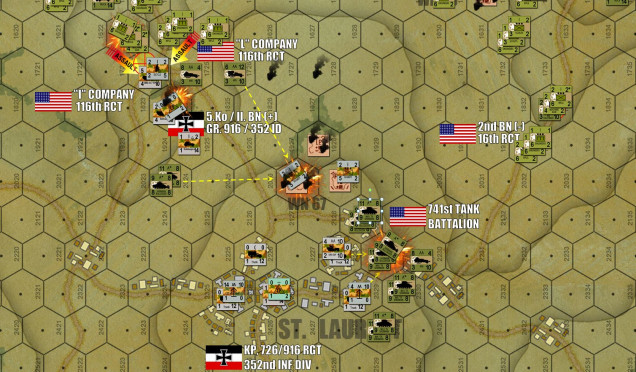 The town of St. Laurent was more or less the center of the German position on Omaha Beach.  Here we see the forward spearheads off of 116th RCT / 29th Inf Div (3rd Battalion off of Easy Green) and 16th RCT / 1st Inf Div (2nd Battalion off of Easy Red) more or less converging from the northwest and northeast, respectively.  3/116 (Company I and L, specifically) is still engaged in a bit of a scrap against 5. Kompanie / II Bn / 916th Grenadiers along the Les Moulins road, while the 741st Tank Battalion had charged in and taken the first round of fire from desperate German 2.0cm FlaK positions.  Hardly the kind of weapon you need when you’re assaulted by 47 Shermans, but it’s “stand or die” time for the Germans.  The light blue “CP” marker is the overall German commander for the battlefield, and his hex is one of the 11 objectives the Americans HAVE to take.  The Germans are definitely being wiped out here, but these are mostly stone and brick buildings here ... and the Americans are on the clock.   