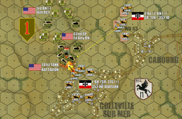 Starting off on Turn 11, the American vanguard on the far eastern wing of the battlefield runs into serious trouble.  At the outskirts of Colleville sur Mer, the spearhead of what has until now been the most successful American invasion sector is knee-capped HARD by determined German “second-line” troops, including more of those damnable bicycle couriers (admittedly supported by flanking fire from multiple 2.0cm FlaK batteries).  The American spearhead is thrown into chaos as Shermans and M16 AA Halftracks are pinned down, while infantry halftracks actually blow up and start burning.  M7 “Priest” self-propelled howitzers are coming up to help, but they also have to deal with the fire to the flank as well as t he front.  These German defenders are “older” troops, sometimes previously wounded, sick, or otherwise “second class” men.  Well, they’re doing a “first class” job here.  Don’t ever make fun of “Opa” again, these German grandfathers still have some kick to ‘em!   