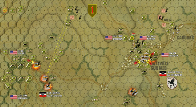 Turn 18, and the last battles are sizzling down in the east.  Historically, Colleville-sur-Mer wasn’t really secured until D+1, and here the Germans are putting up a tough last resistance as well.  But their left wing is gone and faster American mechanized units area already behind them, taking out supporting FlaK positions SSW of the town.  To the west, American spotters have called in coordinates to the only land-based indirect artillery mission the Americans will make in this game, splashing 81mm mortars and 105mm field howitzers on the last FlaK positions of II Bn/916 Rgt. 