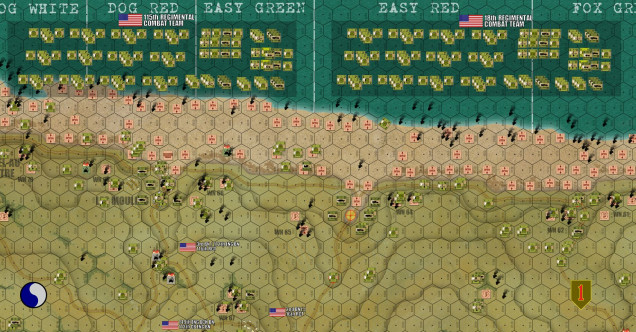 Turn 19, the second big “Operational Wave” starts to come ashore, two ENTIRE NEW Regimental Combat Teams (RCTs).  To the west we have 115th RCT, originally part of 29th Infantry and assigned to come in on 29th’s beaches (Dog Green, Dog White, Dog Red, and Easy Green). To the east we have 18th RCT, part of 1st Infantry.  Now historically, the western landings were so bad, the decision was made to change 115th’s landing site and put BOTH of these RCTs on East Red and Fox Green, reinforcing the 1st Infantry that was actually making better headway.  But since both divisions are doing pretty well here, I kept with the original plan and landed 115th on the original target.  Hey, it’s not every day you get to make a CORPS COMMANDER decision in Panzer Leader.  Oh, and by the way ... Turns 1-19 of this uber-game were the MORNING landings (16th and 116th RCT).  115th and 16th RCT are the MID-DAY landings.  In the afternoon a THIRD wave would land a FIFTH regiment, the 26th (the balance of 1st InfDiv) on Easy Red and Fox Green.  The last part of the 29th InfDiv would not land until the next day (175th Rgt).  So even with this whole second wave, we’re only looking at the first two-thirds of what these two divisions would but ashore, and ANOTHER WHOLE DIVISION (2nd Armored – “Hell on Wheels”) was behind that on June 8th IIRC.    