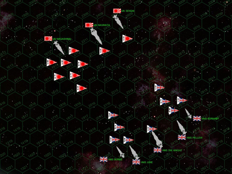 So here’s the matchup.  The Japanese fleet is “small” (only three ships) but incredibly upgraded and, not to brag or anything, pretty friggin’ ferocious.  Ozawa’s flagship is the Katana-class heavy cruiser IJN Naginata, upgraded with elite gunnery crews, an advanced CIC targeting suite, enhanced shielding, an expert commander (veteran of five wars, +2 on all initiative), upgraded sublight engines ... she’s a beast ... let’s just say that.  She’s also 202 points, making her the equal of a Prussian pocket battleship or an older dreadnought.  IJN Nagashima is a Kagoshima-class light fleet carriers, carrying dozens of double-elite naval aerospace strike group fighters, bombers, and scouts, plus the dreaded Ki-45 “Toryu” (Dragon Slayer) torpedo.  The IJN Sendai is a hyper-advanced Taiho (Great Phoenix) class light cruiser, upgraded almost as much as the Naginata.  All that said, the British fleet are no slouches.  They aren’t quite as upgraded as the Japanese fleet, but pretty heavily upgraded nonetheless, and of course they have the advantages of numbers.  Elessar has been fighting with these ships for quite some time in his own campaign with friends at his club, but now his skills are being put to a test.   