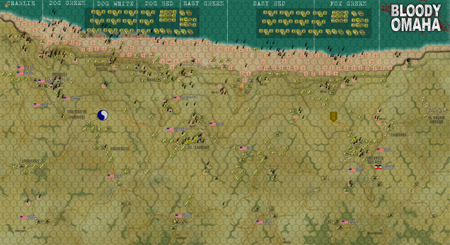 So here is a full-screen blow up of the whole battlefield at the end of Turn 20.  Open image in new tab to get the full resolution.  Yes, the Americans won, badly.  As in “imbalanced” badly.  As in they were definitely more than a little “OP” in this scenario.  True, American losses were rough in the first three or four turns.  But I’ve taken another drive through the numbers, and compared my statistical results with more reliable historical results from the actual US National D-Day Memorial Foundation (spoilers, the casualty rates usually published in most “credible” books are waaaay too low).  Higher historical casualty figures, combined with American game losses being lower than first surmised, means that this game delivered an American casualty rate lower than the historical record (not higher as I first said).  So a lower American casualty rate, combined with a much faster rate of success (particularly in the west, the Americans achieved a deeper beachhead in four hours than the historical Americans did all day) means the Americans really ran away with this game once they got off those beaches and up on the bluffs.  Seriously, after Turn 6 or so practically not a single American unit died unless I made a blatant error or units were lost in landing accidents.