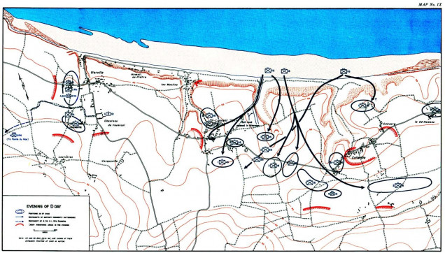 Here is a historical outline of actual results at the end of the first day.  AS you can tell matching up the towns here with their counterpoints on the map, the Americans unmistakably overran these results by a wide, wide margin.  A much higher rate of American tanks making in ashore, plus the arrival of the 56th and 62nd SP Field Artillery Battalions (M-7 105mm SPHs), really made a crushing difference.  These units were real and accurate, but were delayed historically - they didn’t land until much later and didn’t really get into action on D-Day.  In this game, though, they made a gigantic difference.  So I guess this game shows what might have happened if the American transport and landing operation had actually gone closer to plan?  Indeed, we came pretty close to achieving the planned phase line for V Corps on D-Day.  But as far as the actual historical results go, we blew these out of the water.