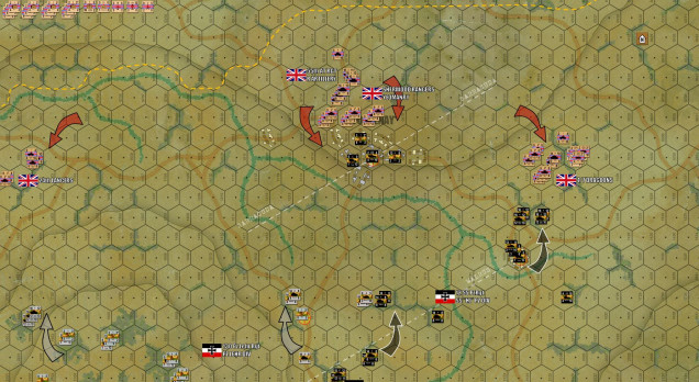 Damon starts his advance south, making contact with an over-stretched, understrength detachment of SS PzGrRgt 26 (really only a platoon of infantry, a battery of 7.5s, and some transport).  Tow supporting British armored battalions (understrength) flank to either side.  