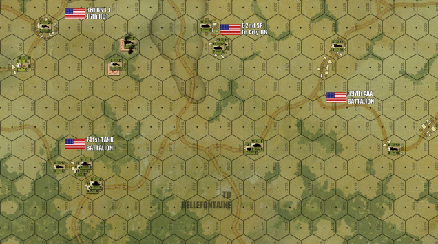 Turn 19: The Americans spread out and occupy every village and road in the southwest corner of the board, totally securing this whole section of the board.  This is at least 2 miles deeper than the Americans historically secured in this sector.