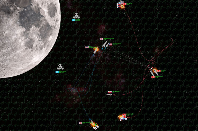 Things get crazy.  Whereas many Darkstar games are borderline Napoleonic with linear fleet tactics and well-ordered task forces keeping tight formation … this one devolves into a dogfight, a brawl, a knife-fight across 5400 kilometers of open space.  The only attempt at order is by Damon, with Bellerophon, Princeton, and Indefatigable managing to cross the stern of IJN Kama and Sendai (white arrows).  This is the fire phase that should have won the British the game, but Damon’s dive roll for the broadside of the Bellerophon was literally all misses.  We calculated the odds on camera, we figured a roll THAT bad was at least 60-1 against (10 dice, 60% chance to hit, ALL MISSES).  Indefatigable did a little better but note these hits are hitting the Kama’s starboard QUARTER, not the STERN.  Meanwhile, the Sakito has been hammered (forward shields down) and is trying to stay out of harms way, but is being chased down by American and British scout planes.  Princeton’s torpedoes are headed for the Urakaze, the Terpsichore is now trying to limp off the board, and the Indefatigable is hammered by the aft batteries of the Kama and Sendai (forward guns broadsiding the Terpsichore).  