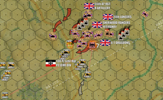 With SS Pz Rgt 12 more or less blown out of war (SOME survivors further south in Tessel-Bretteville), on Turn Nine Damon pushes forward in a combined regimental shove southwest toward the crossroads at the west end of Phase Line Walrus, and another objective hex.  My Panzer Lehr Panthers and Mark IVs bide their time, invisible under cover.  I know the clock is ticking against Damon and I can afford to wait until he HAS to shove right up against me for a very unhealthy dose of point-blank ambush fire.  As his Typhoons come in for a strafing attack (again, all rockets expended but they still have guns) against the Lehr grenadiers in the objective hex, two FlaK positions even manage to shoot one of the Typhoons down!