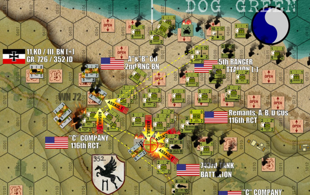 Turn 10 … and the Americans are done playing around.  The beachbuildings overlooking the DOG ONE draw are assaulted by 80 Rangers, 160 riflemen of 29th Infantry, and 40 engineers, attacking from four directions.  At last the Germans are crushed in this hex, clearing the beach exit behind the concrete block previously blown.  Meanwhile, another 240 American infantry assault part of WN 72.  This assault will be tougher, as the American approach is limited by steep, impassable cliffs rising off of Charlie Beach to the north.  But the assault is precipitated by a heavy barrage of battalion mortars, 4.2-inch chemical mortars, tanks, and two types of AA halftracks.  Meanwhile, note that successive waves of engineers have been rolling to place more and more “OPEN” counters on beachside landing hexes.  This is going to drastically reduce the losses incurred amongst successive waves landing on the beachhead.