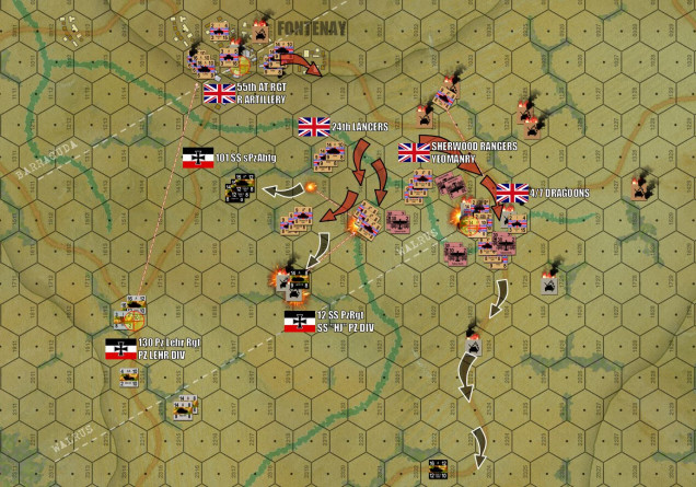 Emboldened by success, Damon’s 4/7 Dragoons and the Sherwood Rangers complete the cave-in of the German right wing, pivoting inward to roll up Phase Line Walrus.  Other SS armored units now get to fire, but again I don’t do terribly well here.  PzKpfw IVHs and even Tigers at LESS THAN 300 METERS fail to kill Shermans (okay, I pin down a down squadron, chalk that up to “Tiger Terror”).  But of course Panzer Leader is a game smart enough to recognize that Tigers aren’t the scariest thing on the field by a long shot (at least if you’re a British tank crew).  Also, those Typ0hoons are positively murdering me.  The good news, they’re now OUT OF ROCKETS.  Also, my Tigers have all escaped, displacing to new firing positions 300 meters further down the hedgerow.  In case you’re wondering what Panzer Lehr is doing all this time, they’ve now redeployed to cover the crossroad objective at the left hand side of the board, and they’re also covering the heights of Tessel Wood.  Long story short, they’re facing off against the 55th Antitank Regiment / Royal Artillery (M-10 Achilles), still deployed on high ground in covered overwatch positions in Fontenay.