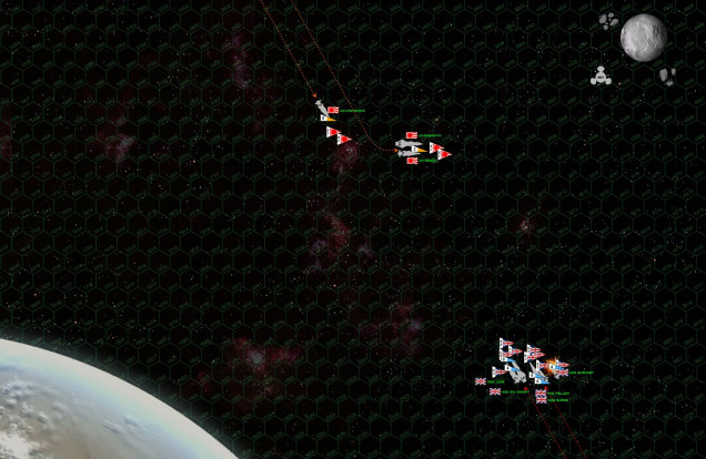 The initial approaches on Turn 1.  With more experienced officers on most of the Japanese warships, we more or less win initiative and manage to start off crossing the British T at 2,350 kilometers.  Even at this long range, the broadside of the Naginata and Sendai blow the fo’c’sle clean off the frigate HMS Burnaby, which technically survives the punishment, but immediately must fleet the battle area with horrific internal damage and admittedly, grievous crew casualties.  Meanwhile, two of the new Maecenas-class expedition ships (the very first time I’ve seen these ships in action) HMS Pellew and HMS June (these cruisers were designed when Darkstar was published – originally named for people who supported the project on Paypal), launch fighters and torpedoes, along with more torpedoes from the British flagship (Iron Duke class heavy cruiser HMS Swedish Knight) and “hero-ship” Falklands-class destroyer HMS Burke. 