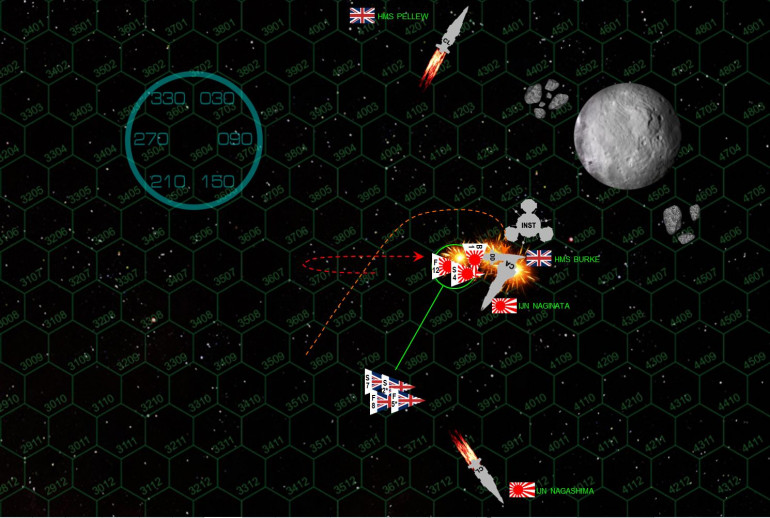 The game ends on Turn 4 with shocking speed.  The Naginata loses initiative against the Burke (despite Ozawa’s experience, her ship is also almost four times the mass of the Burke, destroyers are just more maneuverable than heavy cruisers).  She tries to keep her vulnerable stern away from the Burke, but the Burke comes hard about and makes a suicidal dive right at the Naginata, winding up in the same hex as the Japanese behemoth, cutting across her stern at less than 50 kilometers (ridiculously close in Darkstar).  Burke puts a hail of fire point-blank into Naginata’s stern, and all guns hit DESPITE Naginata’s upgraded shielding.  The two syglex emitters do the worse damage (x-ray “lasers”), enough to shut down Naginata’s engines and leave her adrift.  Naginata’s last aft barrage doesn’t do enough damage to knock out the Burke, believe it or not (I’ve never hit Burke on her starboard bow yet) .... but the fighters of the Nagashima finish the job with a strafing attack intro the Burke’s engines that leave her adrift as well.  Incredibly, this game is a draw.  Technically I have the edge in remaining fighter craft, but not enough to win by the required 5% of the starting build-point cost to actually claim a “campaign victory.”  (495 point battle, I have to win by at least 25, right now I’m “winning” by just 9).  