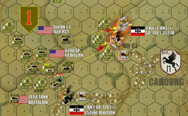 Still on Turn 14, on the far eastern edge of the board, the end for Wiederstandnester 63.  It takes self-propelled artillery a little bit of time to get into position (62nd Self-Propelled Field Artillery Battalion, attached to 16/1st InfDiv), but once they do they are a virtual blowtorch burning holes wherever they can reach (and they can reach a loooong way).   Meanwhile, the heroic “Opa” company in the northern outskirts of Colleville have been overwhelmed.  That Sherman platoon at lower left moves in to occupy that objective town hex.   