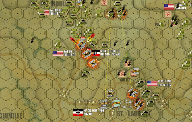 As the Les Moulins Road is cleared, and the Shermans of 741st Tank Battalion shatter the right wing of the St. Laurent position, the Germans here seem more or less doomed.  But the Americans get a little cocky with their 7th wave artillery, and even as they’re being destroyed, German FlaK batteries manage to pick off two batteries of American 75mm howizters as they’re dragged into position by soft-skinned “DUKW” amphibious trucks.  That’s four more American platoons added to an already shocking casualty count (even higher than the historical battle actually).  The Germans may be going down, but they are going down swinging.   
