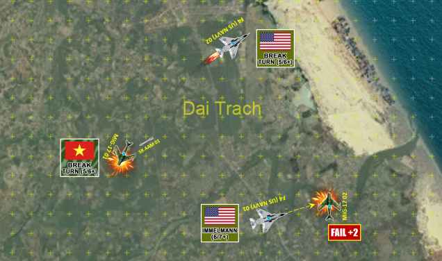 Well, the game ends on Turn 6 with merciful speed.  As Phantom 02 bugs out, Phantom 01’s Sidewinder missile from last turn hits MiG 01 despite his successful Break Turn … and a half-deflection gunnery shot from Phantom 01 also hits damaged MiG 02.  That’s three MiGs shot down and one bugged out (all MiG pilots made successful bail out checks but one), after which Phantom 01 will be escorting his limping, smoking, crippled, unarmed wingman back to the carrier. 