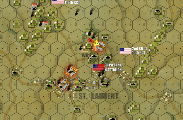 Turn 16:  As expected, the badly-damaged German center collapses almost immediately.  The St. Laurent Objective Hex is taken, joining the Les Moulins/Dog Three draw on the left flank of 116/29th InfDiv with the right flank of 16/1st InfDiv coming down the Easy Three draw.      