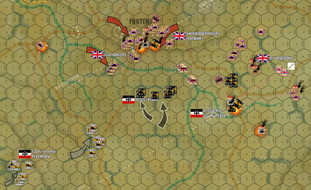 Damon wisely gives up the idea of 24th Lancers on Tessel Wood (for now), consolidating the understrength battalion with Sherwood Rangers to put pressure on the German center.  AS for me, I know Fontenay is lost, I’m just hoping to plug the British up there as long as possible.  Already it’s. given me time to move up more of the SSPzRgt 12 and elements of SS sPzAbtg 101.  However, Typhoons are now overhead, ready to hit SS tanks when the “hedgerow hop” ... depending on WHERE exactly they hop (in this terrain I have PLENTY of choices).  Meanwhile, 2.0cm FlaK halftracks that took a poke at the Typhoons were in turn spotted by Shermans and shot into flaming wreckage (German “wreck” counter at lower right).  That shot was at just over 1000 yards!  Well done!    