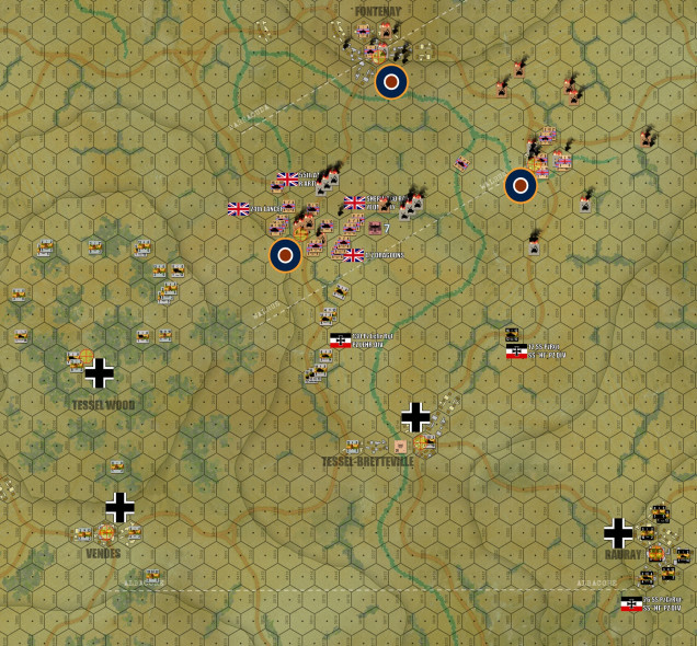 So that’s Turn 10, and that’s game.  Of the seven objective hexes, the Germans still hold four, making this a bloody and narrow German win.   Cheers to Damon for continuing to try Panzer Leader (he’s braver than most in this regard) and yes, he IS getting better.  I swear I could almost see the light bulb going off starting on Turn 5 and 6 ... regarding just how WEAK the German forces are despite their “scary cats” ... assuming you attack them in a well-managed, multi-directional bum-rush.  Even a Panther can only kill one Sherman at a time, after all.  The problem was ... it was Turn 5 or 6 ... and the game was already half over by then.  What beat him wasn’t my tanks, it was time.  Note that Tessel Wood is now VERY WEAKLY defended ... with two more turns he could run his faster M-10s or even his scout cars up there and at least have a go at it.  Again, once he takes FOUR objectives ... more than half ... he wins (i.e., roughly Phase Line Walrus ... the approximate historical result of the attack).         