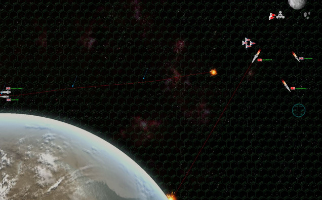 So here’s a zoom out as the battle ends. Crippled ships aren’t just taken off the table, they continue to drift at their last facing and speed, subject to collision with astrophysical objects and gravity.  This is what happens with the HMS Swedish Knight and HMS June.  Not only do they drift at 8 hexes a turn, but once they end each turn’s movement within 10 hexes of the planet, the drift one hex toward the planet as well.  The blue arrows show their positions at the end of each turn, where they are pulled steadily toward the planet.  Fortunately, they are also moving fast enough to where they get off the left side of the map before they hit the planet.  It’s a near miss, but they’re safe.  The same cannot be said of the Naginata, which I didn’t notice was pointing right toward the planet as she was crippled.  A few turns later (she was moving at 5), she will collide.  Luckily the crew has enough time to abandon ship, taking the flag, log book, and ship’s bell with them. GREAT GAME!  