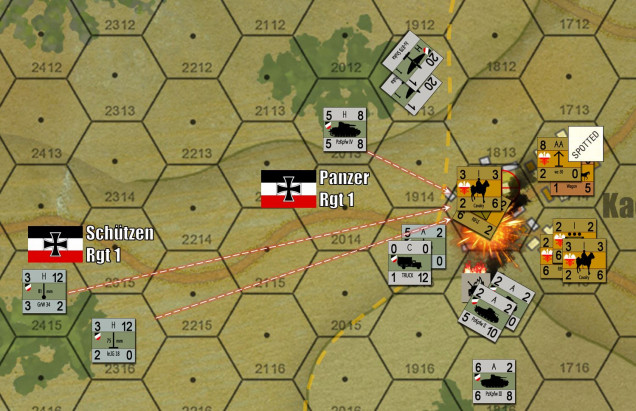 The German assault begins in earnest, with infantry guns, mortars, and 7.5cms on PzKpfw IVs.  But Yavasa is feeding in reinforcements into the battle, and close-assaulting German PzKpfw IIs originally used to spot the Polish defenders. Yes, German tanks are burning, and Polish cavalry are involved.  This DID happen (German armored recon if memory serves), and CAN be successful if done carefully under the right circumstances.