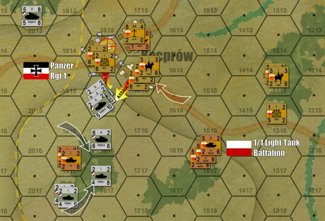 The Germans invest Polish tanks, and set up for their set-piece assault on the second Polish objective hex.