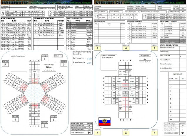 The station sheet and the sheet for CPK Katukov, a modified Zhukov class assault destroyer (troop ship).