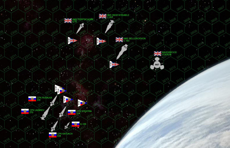 Matchup of the approaching forces. The British have the heavier guns, especially aboard HMS Bellerophon and the installation itself.  But the Russians are much faster and more numerous.  CPK Katukov is the troop ship, carrying six assault boats and 168 shock troops.  If she manages to dock with Ravenwood Station ...