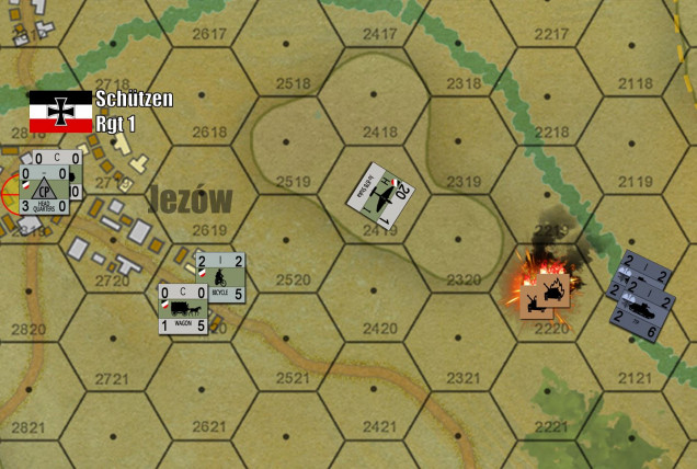 Here's one that got missed on the original roll out ... you can't have a Poland 1939 campaign without some Stukas.  Sadly for me (German player), Yavasa was using his light tanks pretty aggressively.  Note these two platoons of tanks rolling toward by captured objective hex in Jezów.  Hence, I was forced to use my limited Stukas to secure my flank and rear, rather than kicking in the front door toward more objective hexes further north.