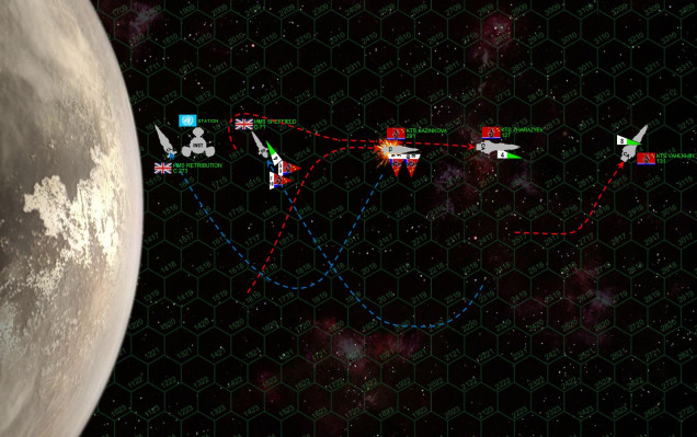 The British fleet is down to half strength, having lost its biggest warship to a deadly carrier strike and close range broadside.  Now the British have to rally ... if they can.  The Black Dragons, meanwhile, have to reorganize their fleet.  Last turn’s maneuvers scattered them everywhere, and their aerospace strike wing has shot its bolt.  Accordingly the carrier Kazhinkova maneuvers to get close enough for her bombers to land THIS TURN, beginning he process to rearm and re-launch for a second strike. Meanwhile, the ponderous Slava cruisers, both damaged in last turn’s gunnery but nowhere near in danger yet, try to slow down and turn toward each other.  The Sheffield and the Retribution fire double broadsides into the stern of the Kazhinkova to cripple her, hopefully while her bays are still loaded with those bombers and some fighters.  While they do appreciable damage, Damon JUST MISSES the roll the cripple her (the roll was a 5+, he rolled a 4).  All British scouts are also lost.