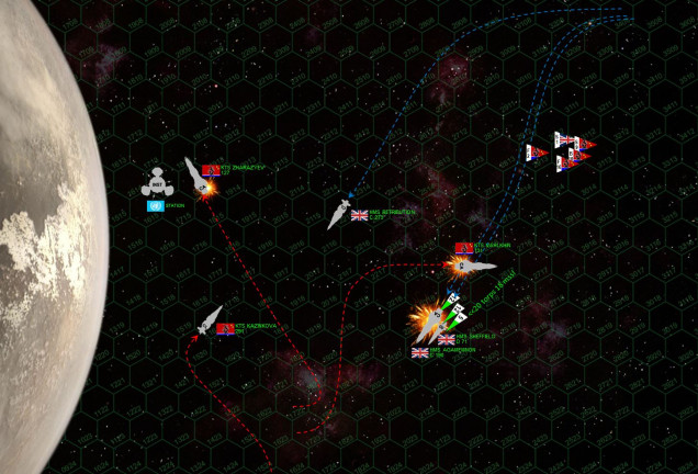 It comes together.  The Black Dragon heavy cruiser Zharazyev turns to port to try to set up broadside against the incoming British cruisers.  Damon hits the gas, HARD, accelerating to 33 kilometers per second and diving down with the Agamemnon and Sheffield to cross Zharazyev’s stern with broadsides instead.  It’s a distant broadside, but given British targeting electronics, it should still be a good move.  Unfortunately, it also allows the Black Dragon cruiser Vahlkhin to S-turn behind the Agamemnon in turn, putting a far more dangerous broadside right into Agamemnon’s engines.  Perhaps making matters worse, the Retribution breaks off Agamemnon’s starboard beam, hoping for a cross of Valhkhin’s stern.  A sound maneuver, except now British aerospace mass driver defense is split JUST at the time the combined torpedoes of all three Black Dragon capital ships and the complete aerospace strike of the Kalzhinkova makes its terminal approach.  The British mass drivers open fire and knock down almost all the bombers’ torpedoes, but this just lets the fighter missiles and the P500s of the capital ships come in.  Agamemnon is positively torn apart astern, especially once Vahlkhin opens fire point-blank with a full broadside 10-gigawatt rail guns and 30-kilogram plasma pulse projectors.  Never mind “crippled,” the Agamemnon should have exploded here.  In game terms she had an 80% chance of exploding across the stars in a miniature supernova [(18 critical boxes hit) - (heavy cruiser’s cripple target of 14+) x (20% for heavy cruiser)] = 80%).  But an 83 is rolled on percentile dice.  By some MIRACLE, the Agamemnon’s engineers eject the reactor core BEFORE it explodes.  The ship is crippled straight off in her first battle, but at least she will PROBABLY survive and after six months in dry dock, perhaps see action again.  But yeah ... THAT’S how you do a carrier strike.  It seems the British losing streak isn’t over yet.