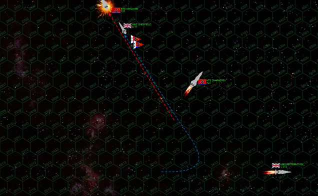 Just that fast, the battle is wrapping up, and the British have a slender chance of actually stealing back a victory.  All ships are crippled except the damaged 160,000 ton Vahlkhin and the 39,900 ton Sheffield.  The Vahlkhin is just trying to break off, IF SHE MAKES IT OFF the top of the table, the Black Dragons win (having crippled 244 points of British shipping vs. the British score of 177).  If the Sheffield can cripple Vahlkhin before she escapes, the British win ... BUT ... the Vahlkhin outweighs the Sheffield by 4:1, and Vahlkhin is powering up to escape, the Sheffield is damaged herself, and has Black Dragon fighters and torpedoes still on her ass.  If the Sheffield is crippled as well, the game is again a Black Dragon victory (by virtue of remaining fighters and scouts).  So the Sheffield has to cripple a ship four times her size, THIS TURN, all while not being critically damaged herself.  The Vahlkhin dumps everything she can into her engines, and accelerates to 27 kps.  She literally makes it to the LAST HEX of the map, but doesn’t quite escape.  One more hex, and this game ends right here as a Black Dragon win.  The Sheffield makes the hardest turn to port she can, moving at 33 kps right behind Vahlkhin in a desperate stern chase. From this position, only forward guns could hit, but it was the best option.  The Sheffield shot down enemy torpedoes and the Black Dragon fighters missed, but the Vahlkhin’s aft batteries positively mauled the Sheffield’s bow.  But she survived.  So now the Sheffield had cleared the first two obstacles to victory, the Valkhin didn’t escape this turn and the Sheffield survived Black Dragon defenses.  Finally the Sheffield fired, but even now chances of victory were slim at best.  Sheffield had to hit with almost everything, but she did.  Then those weapons had to hit the huge cruiser in the right PLACES, and they did ... mostly.  Even with all this, however, the Vahlkhin had lost only 8 critical boxes.  Heavy cruisers start on a “cripple roll” of 14+, minus one for each crit box hit.  14-8=6, giving Damon a 6+ chance to cripple Vahlkhin and win the game.  HE ROLLS IT.  The Valkhin is crippled and the Sheffield is not, ending this epic “David vs. Goliath” story with an unlikely but well-deserved British win.