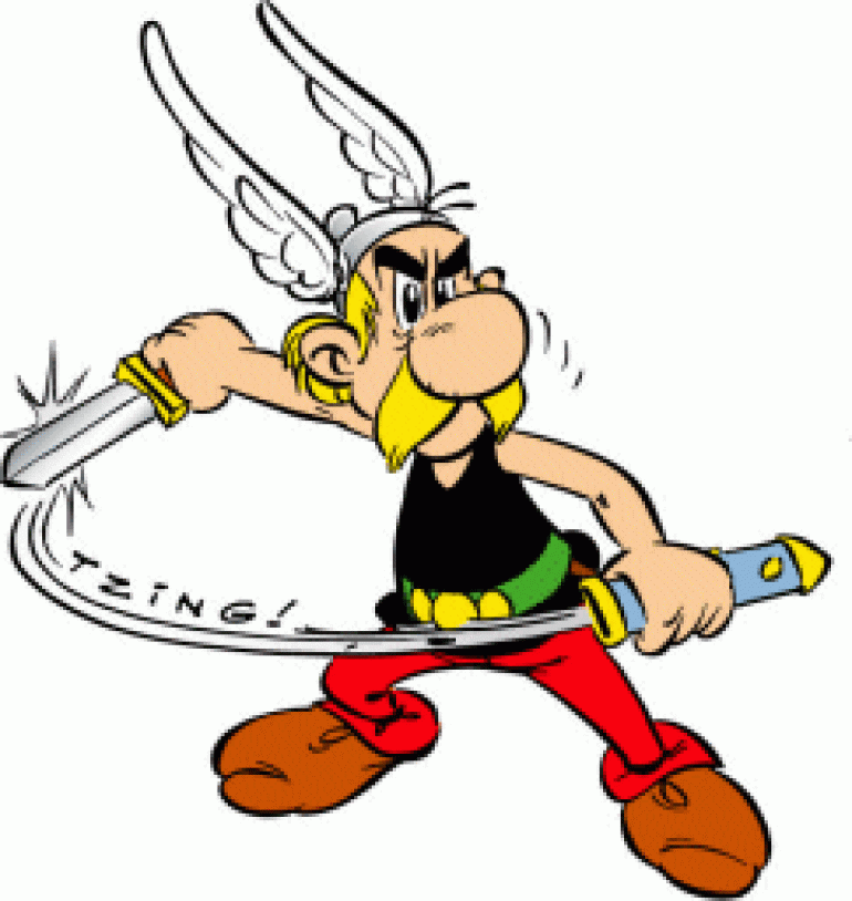 Asterix checking his sword isnt stuck in the scabbard again