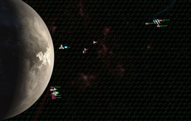 Here we see the British (top) and Black Dragon (bottom) cruiser forces on their approach.  The moon is a big one, slightly smaller than the planet Mars.  Here the opposing task forces are almost 5400 kilometers apart, yet are already exchanging long range gunnery.  Ominously, the Black Dragons are also launching waves of bombers and scouts from the light fleet carrier Kazhinkova, vectoring toward the British ships along with a hair of P-500 “Plamya” torpedoes.  British scouts, hopelessly outnumbered, fly out to meet the threat, hoping to shoot down at least some of the torpedoes before they reach the British cruisers.  The Black Dragons, for their part, are using the moon to their advantage.  First, by hugging the moon and turning away from it, they’re forcing the British to turn TOWARD the moon to engage them (never a good thing).  Second, those big Slava class cruisers are moving very fast ... the better to close the range and take away the British advantages in long-range accuracy.  But they’re also ponderous, and the moon’s gravity will help them slow down when it comes time to engage.