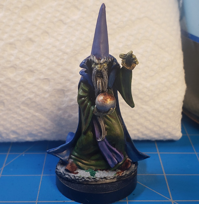 Sat down to take a break from work and decided this guy needed to get done. Starter for a series of Wizards from the Bones IV Kickstarter.  Worked on blending the paints and using a triad of colors to get to a balance.  Maybe I should have saved this one for object source lighting but there are a few others to start that process.